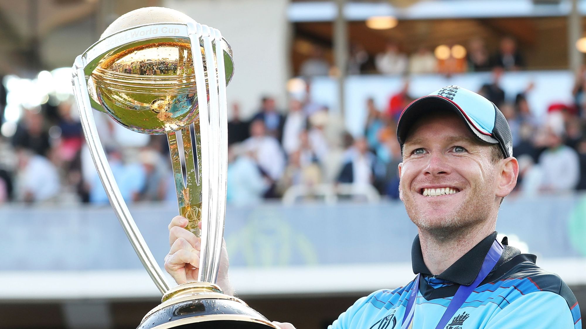 England’s captain Eoin Morgan lifts the trophy after winning the Cricket World Cup final at Lord’s.