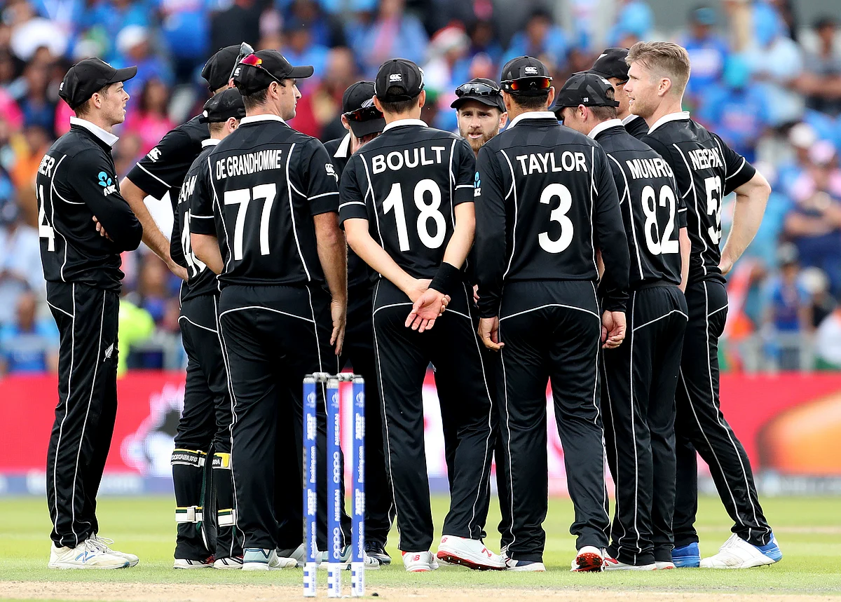 New Zealand players celebrate their win over India in the Cricket World Cup semi-final match at Old Trafford in Manchester, England, Wednesday, July 10, 2019. 