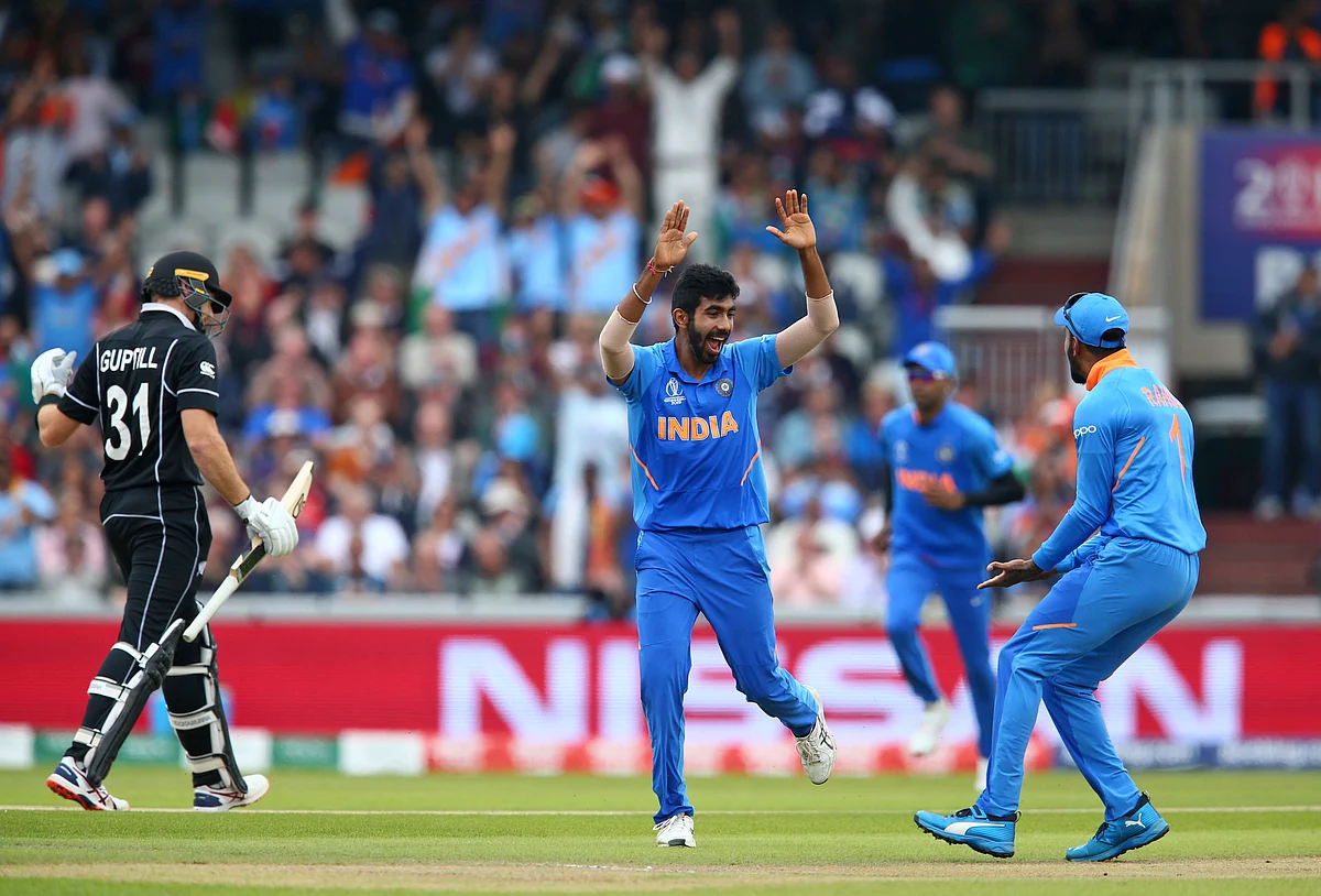 Jasprit Bumrah celebrates the wicket of New Zealand’s Martin Guptill in the 2019 ICC World Cup semi-final at Old Trafford.