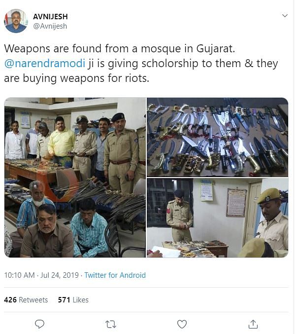 The false claim of weapons having been recovered from a mosque in Gujarat were made in 2016 as well.