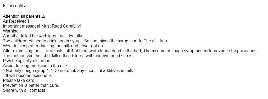 A viral message says that a mother ‘accidentally killed her children’ after she fed them cough syrup mixed in milk