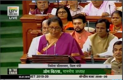 New Delhi: Union Finance and Corporate Affairs Minister Nirmala Sitharaman presents the Union Budget 2019 in the Lok Sabha, on July 5, 2019. (Photo: IANS/LSTV)