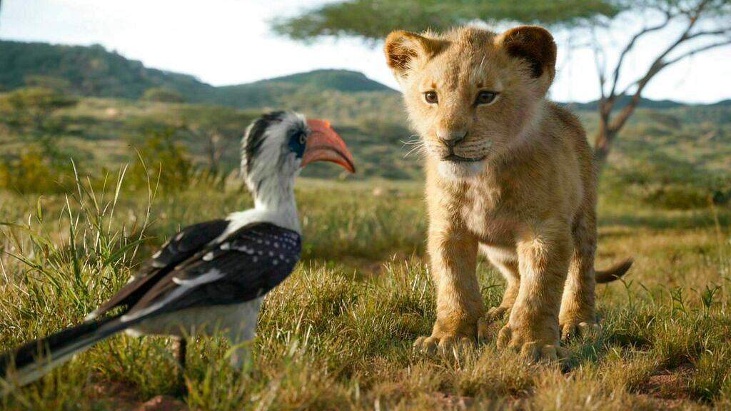 Simba and Zazu in a still from the 2019 live action film <i>The Lion King</i>.
