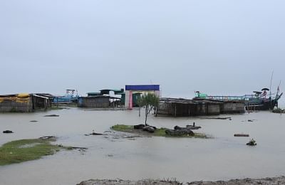 Majuli: The Afolamukh Ghat in river Island Majuli where ferry services have been suspended for an indefinite period following the heavy downpour and rise in the water levels of Brahmaputra river, in Assam