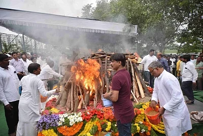 Hyderabad: The burning pyre of Former Union Minister and party leader from Telangana, S. Jaipal Reddy at his funeral in Hyderabad on July 29, 2019. (Photo: IANS)
