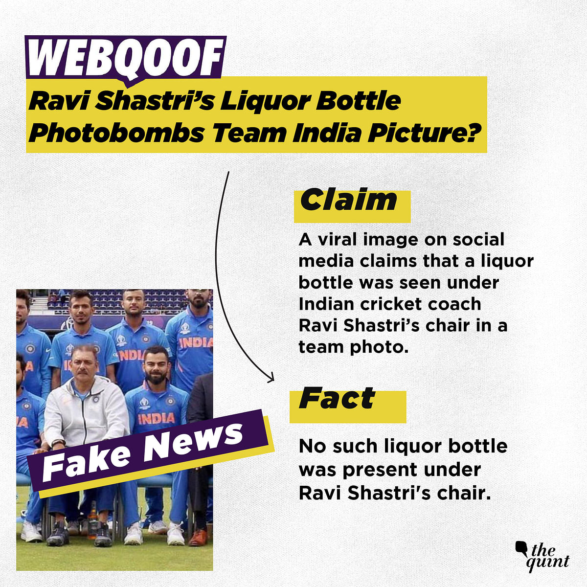 In the original image tweeted by BCCI, no liquor bottle can be seen under Indian cricket coach Ravi Shastri’s chair.