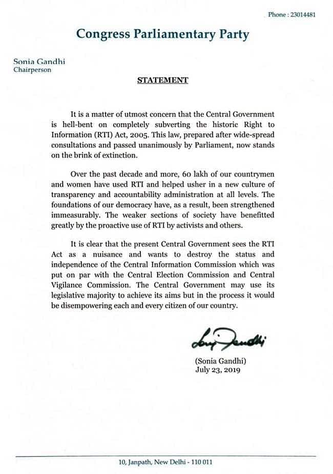 In a statement, Sonia Gandhi said it is clear that the present central government sees the RTI Act as a “nuisance”.
