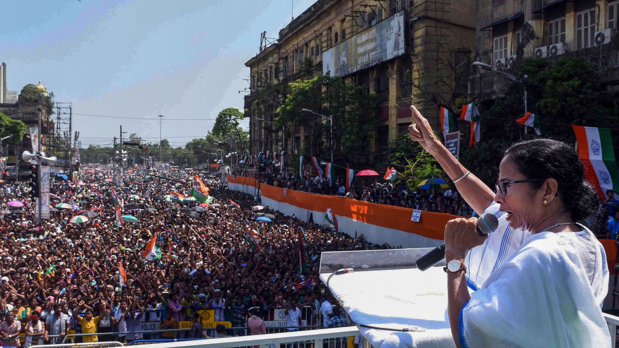 West Bengal Chief Minister and Trinamool Congress supremo Mamata Banerjee addresses a rally to commemorate Martyrs Day in Kolkata on Sunday, 21 July, 2019.