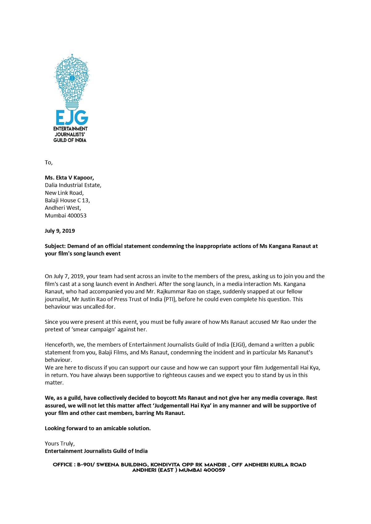 The ECJI has written a sharp letter to the Judmentall Hai Kya producer.