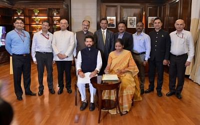 New Delhi: Union Finance Minister Nirmala Sitharaman with MoS Finance Anurag Thakur and team officials pose for a group photo after giving the final touches to the Union Budget 2019-20, in New Delhi on July 4, 2019. (Photo: IANS)