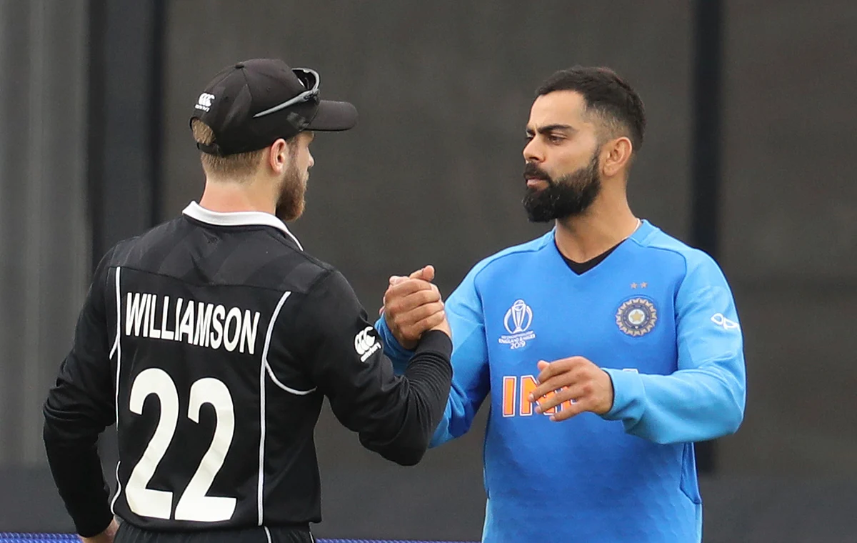 India’s captain Virat Kohli, right, congratulates New Zealand’s captain Kane Williamson for winning their Cricket World Cup semifinal match at Old Trafford in Manchester, Wednesday, July 10, 2019.