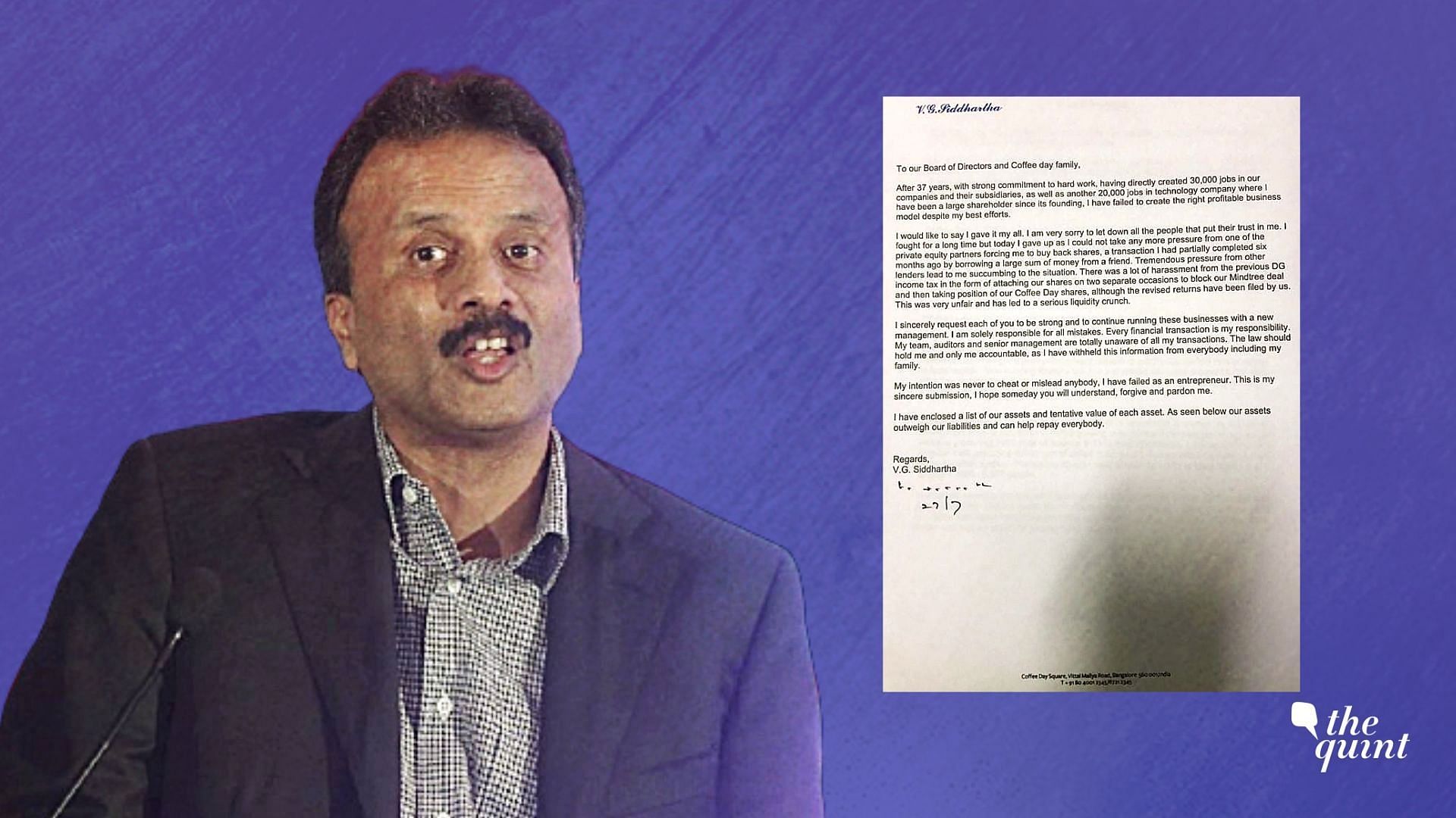 In a heartfelt letter addressed to the “Board of Directors and Coffee Day family,” founder-owner VG Siddhartha said that he has “failed as an entrepreneur”.