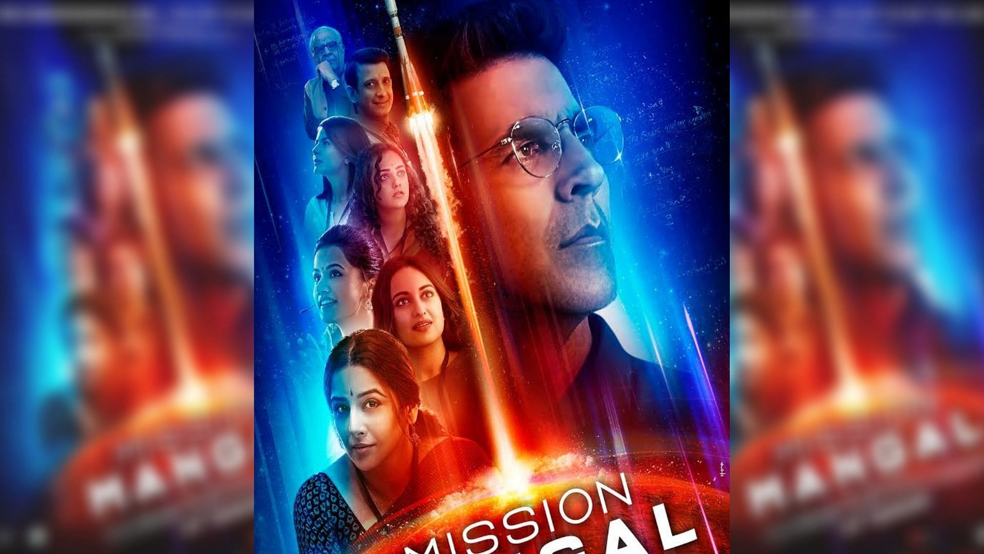 A poster for <i>Mission Mangal</i>, which stars Akshay Kumar, Taapsee Pannu, Vidya Balan and Sonakshi Sinha.