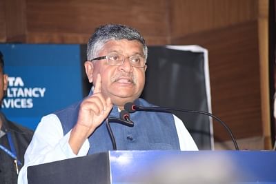 Patna: Union Electronics and Information Technology and Law and Justice Minister Ravi Shankar Prasad addresses during the inauguration of Tata Consultancy Service (TCS) center, in Patna on July 13, 2019. (Photo: IANS)
