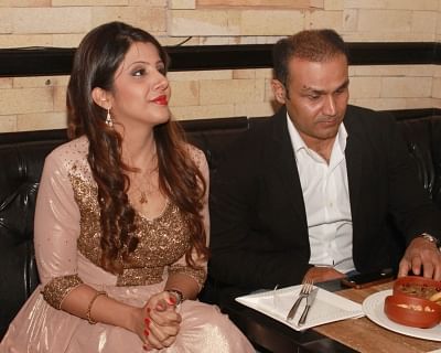 Virender Sehwag with his wife Aarti Sehwag . (File Photo: Amlan Paliwal/IANS)