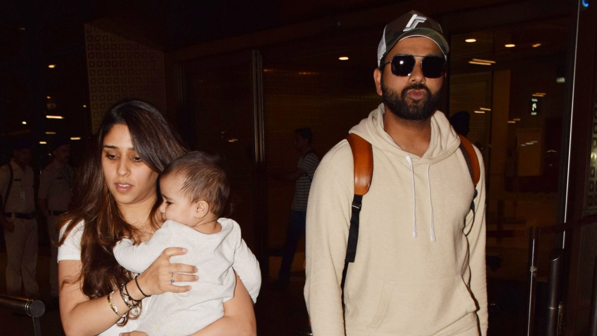 Rohit Sharma and wife Ritika with their baby Samaira at the Mumbai airport after returning from ICC World Cup 2019.