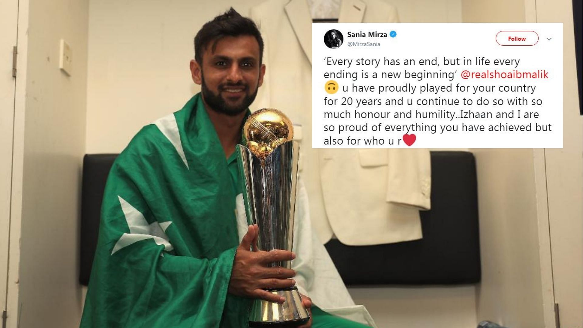  Sania Mirza in a post dedicated to Shoaib Malik said that she is proud of everything he has have achieved in a career spanning 20 years.