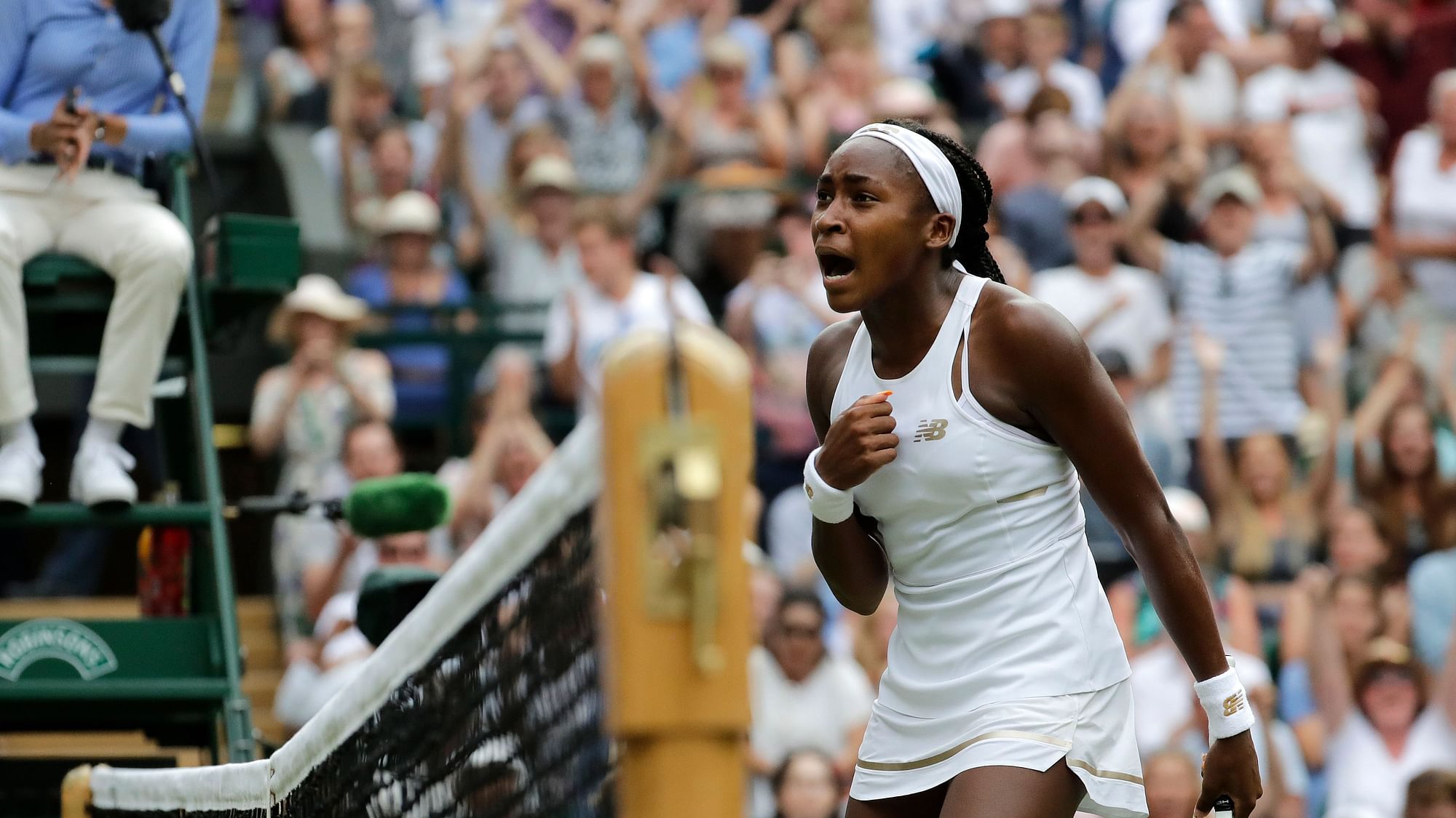 United States’ Cori “Coco” Gauff reacts after winning the second set against Slovenia’s Polona Hercog in a Women’s singles match during day five of the Wimbledon Tennis Championships in London, Friday, July 5, 2019.&nbsp;