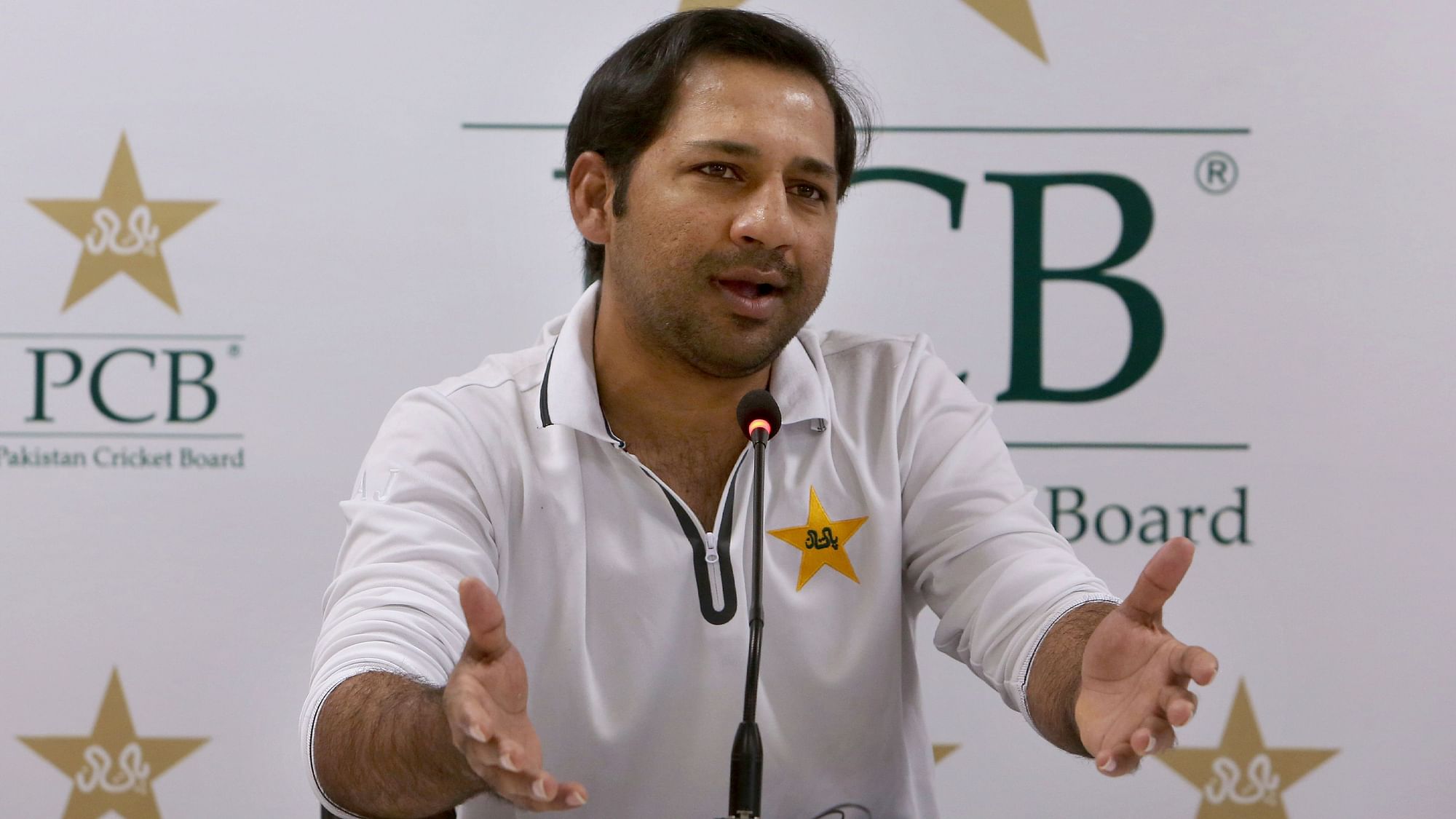 Pakistan cricket team’s skipper Sarfraz Ahmed speaks during a press conference in Karachi, Pakistan, Sunday, July 7, 2019. 