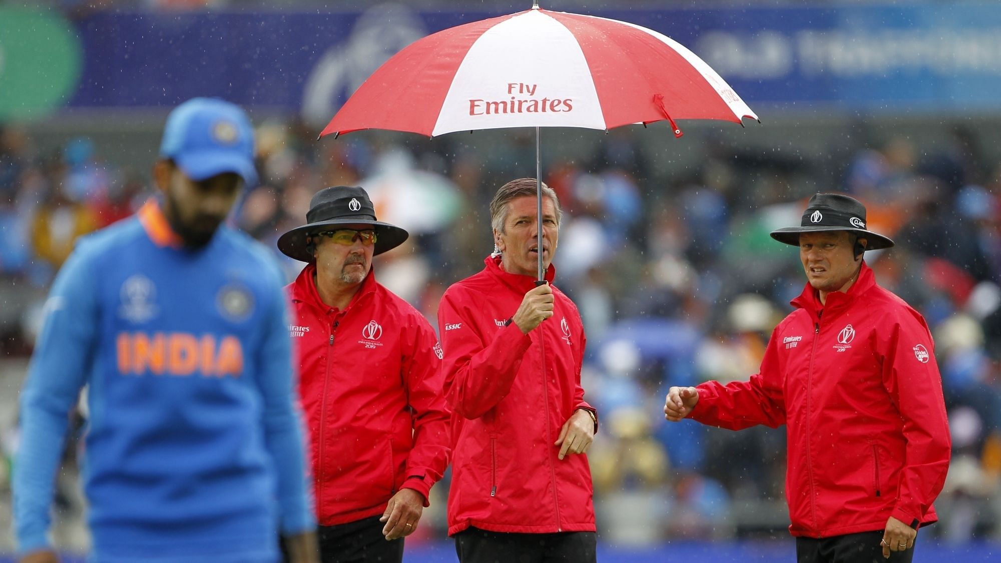 The India vs New Zealand ICC World Cup 2019 Semi Final was interrupted due to rain at Old Trafford.
