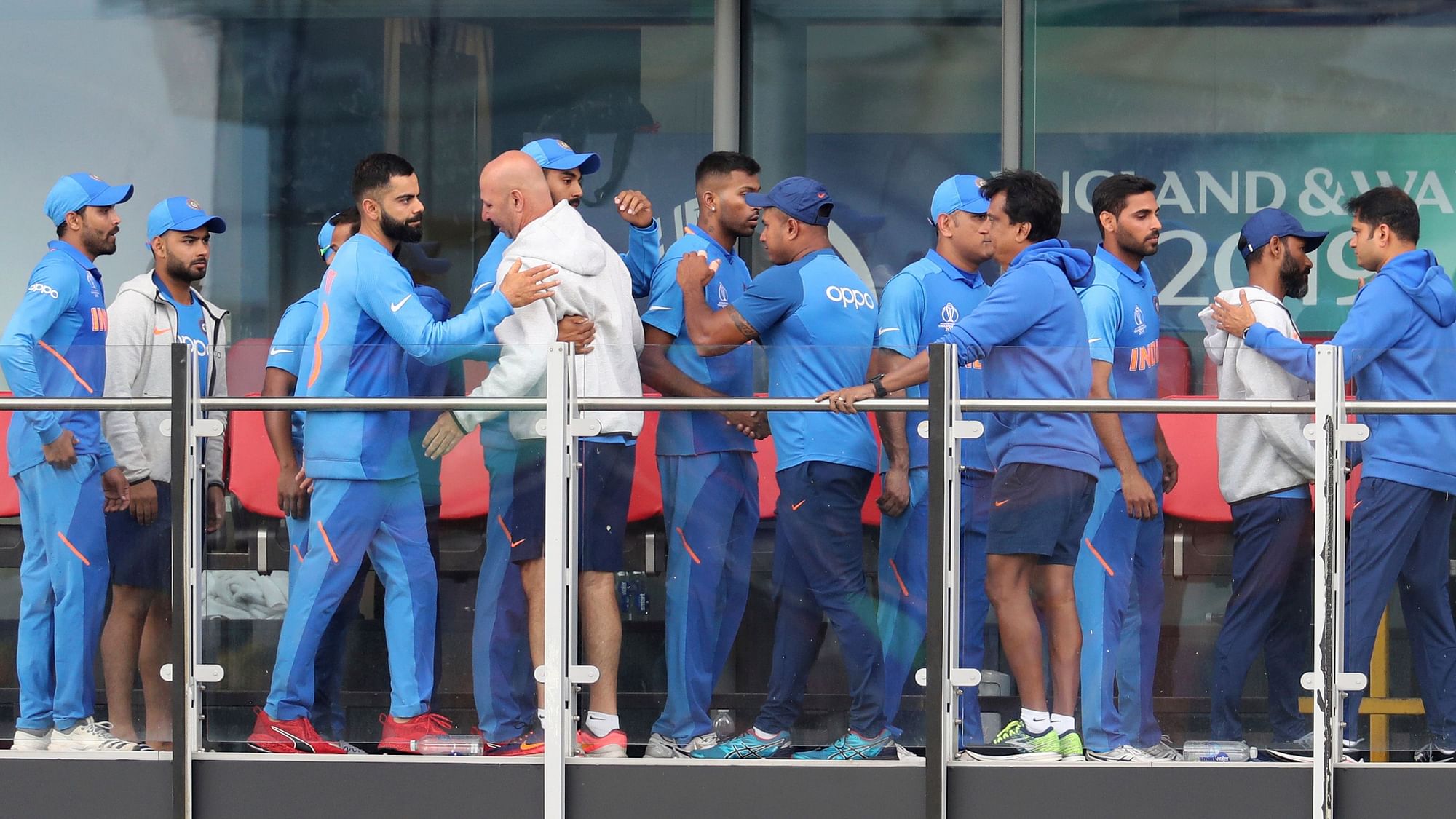 Indian team at the balcony of Old Trafford stadium.