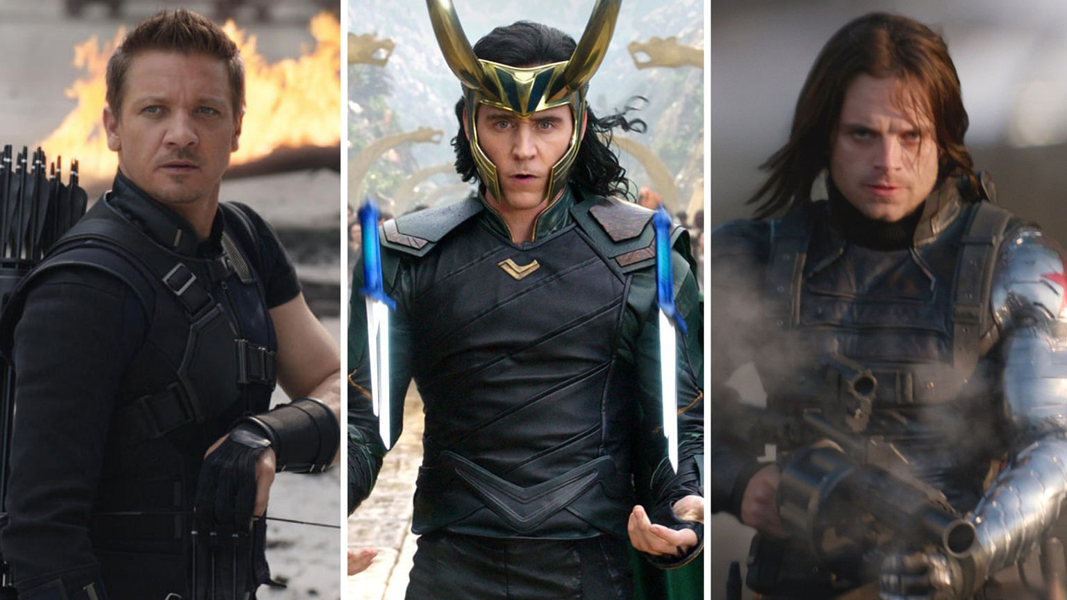 Hawkeye (L), Loki (C) and Winter Soldier (R).