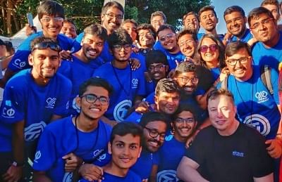 Avishkar Hyperloop, the student team from the Centre For Innovation (CFI) at IIT Madras, with SpaceX CEO Elon Musk during the "SpaceX Hyperloop Pod Competition 2019" in Los Angeles. (Photo: Avishkar Hyperloop)