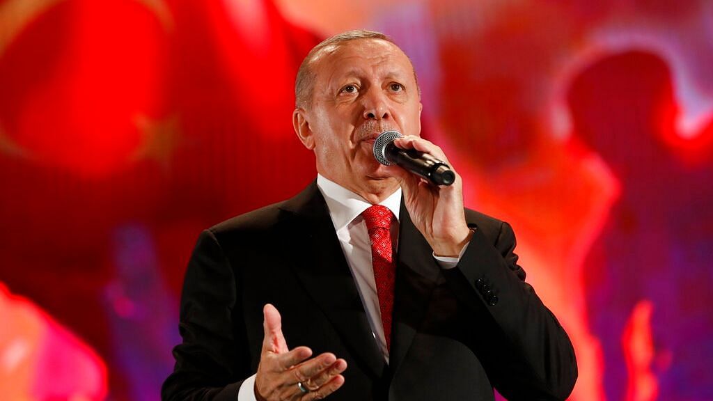 Turkey’s President Recep Tayyip Erdogan delivers a speech at a rally to honour the victims of the 2016 failed coup attempt, during ceremonies for the three-year anniversary, in Istanbul.&nbsp;