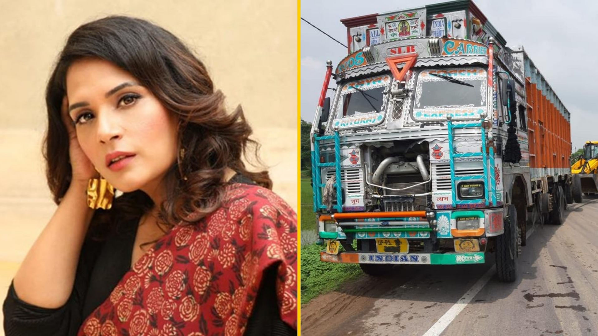 Richa Chadha (L), the truck that smashed into the Unnao rape survivor’s vehicle (R).