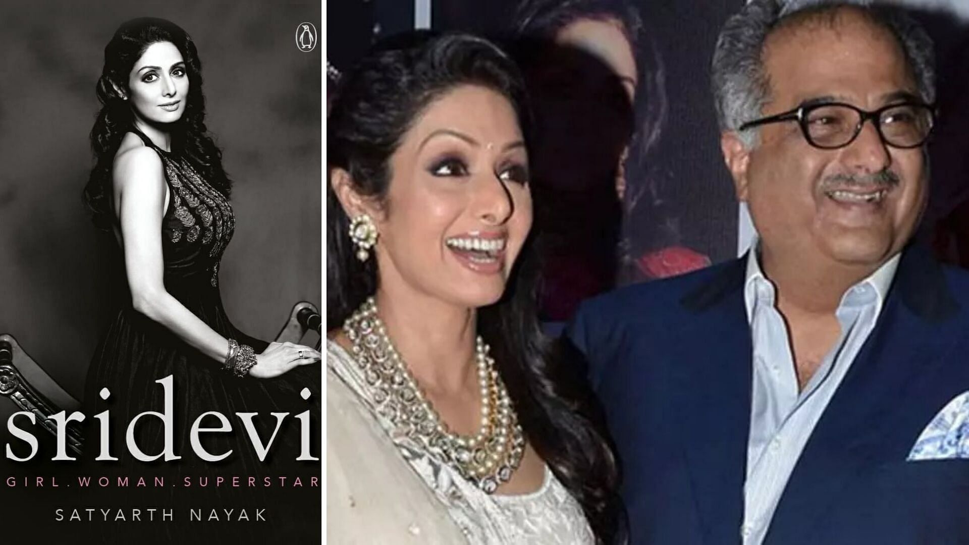 Cover of the book (L) and Boney Kapoor with late Sridevi (R)