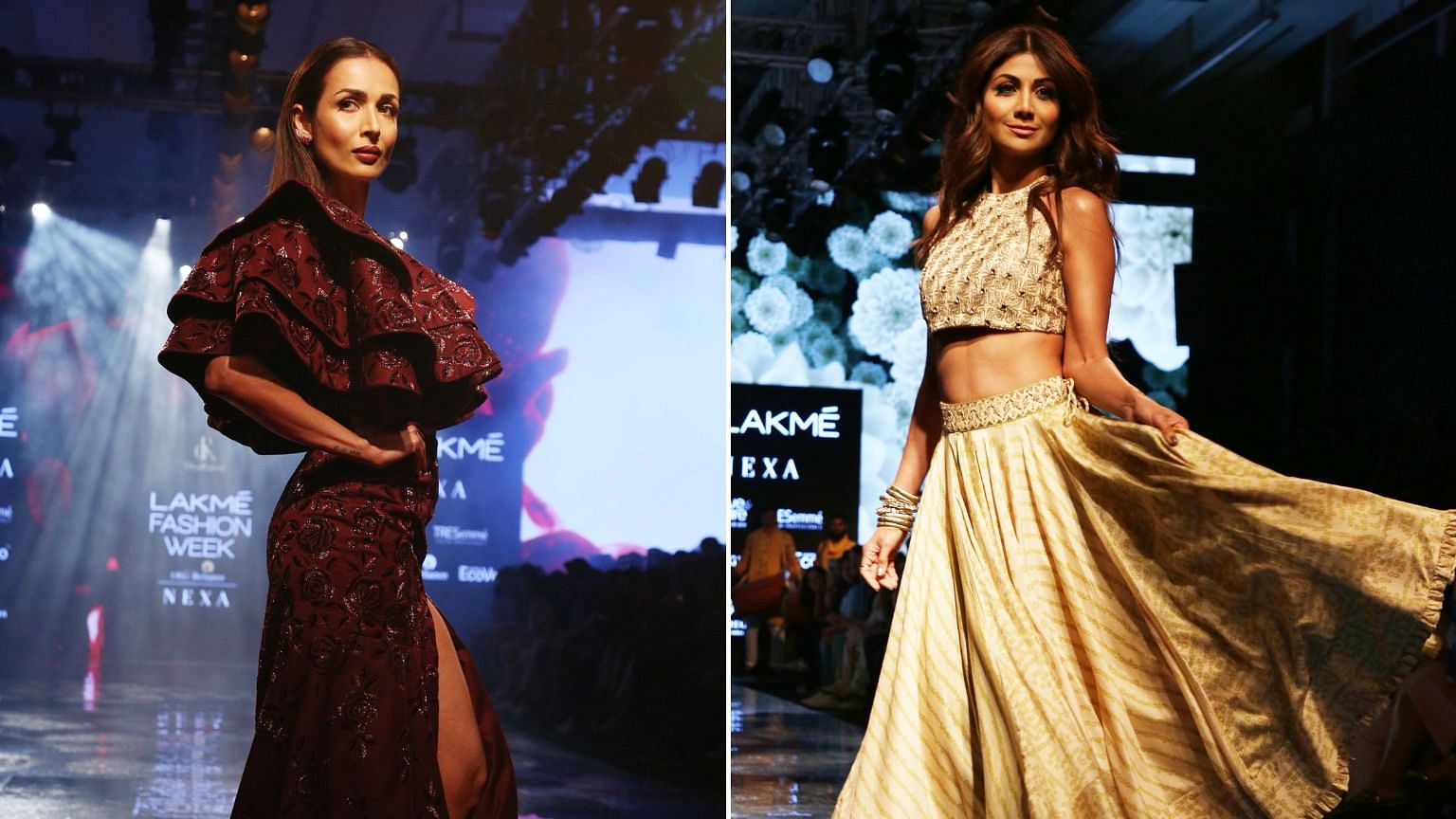 Malaika Arora and Shilpa Shetty walk the ramp at Lakme Fashion Week 2019.