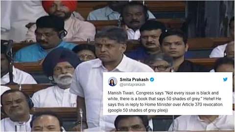 Twitter Reacts To Congress Minister Manish Tewari S Fifty Shades Of Grey Comment Over The Scrapping Of Article 370 Twitter Reacts To Congress Minister Manish Tewari S Fifty Shades Of Grey Comment Over The Scrapping Of Article 370