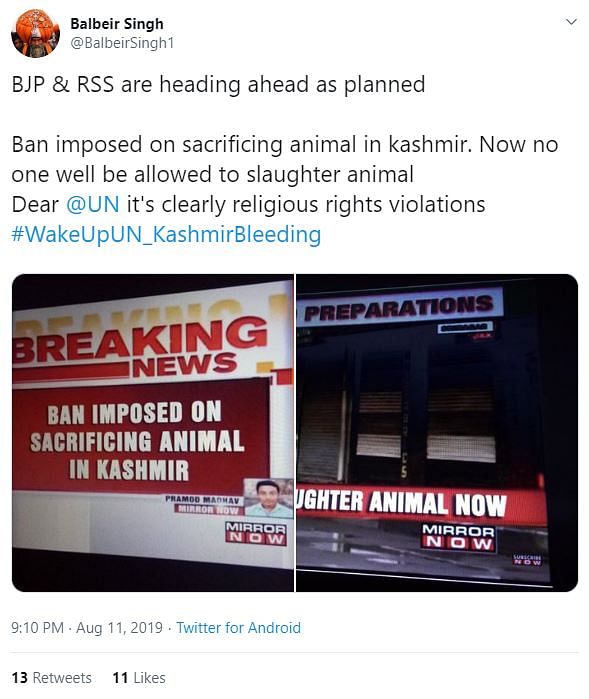 The viral screenshot claimed that animal slaughter is banned in Kashmir, right ahead of Eid.
