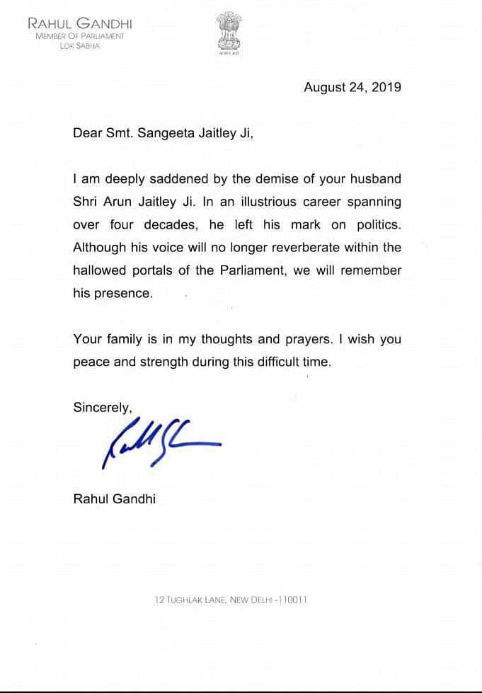 Sonia’s letter to Sangeeta praises Jaitley for attracting friends and admirers from across the political spectrum.