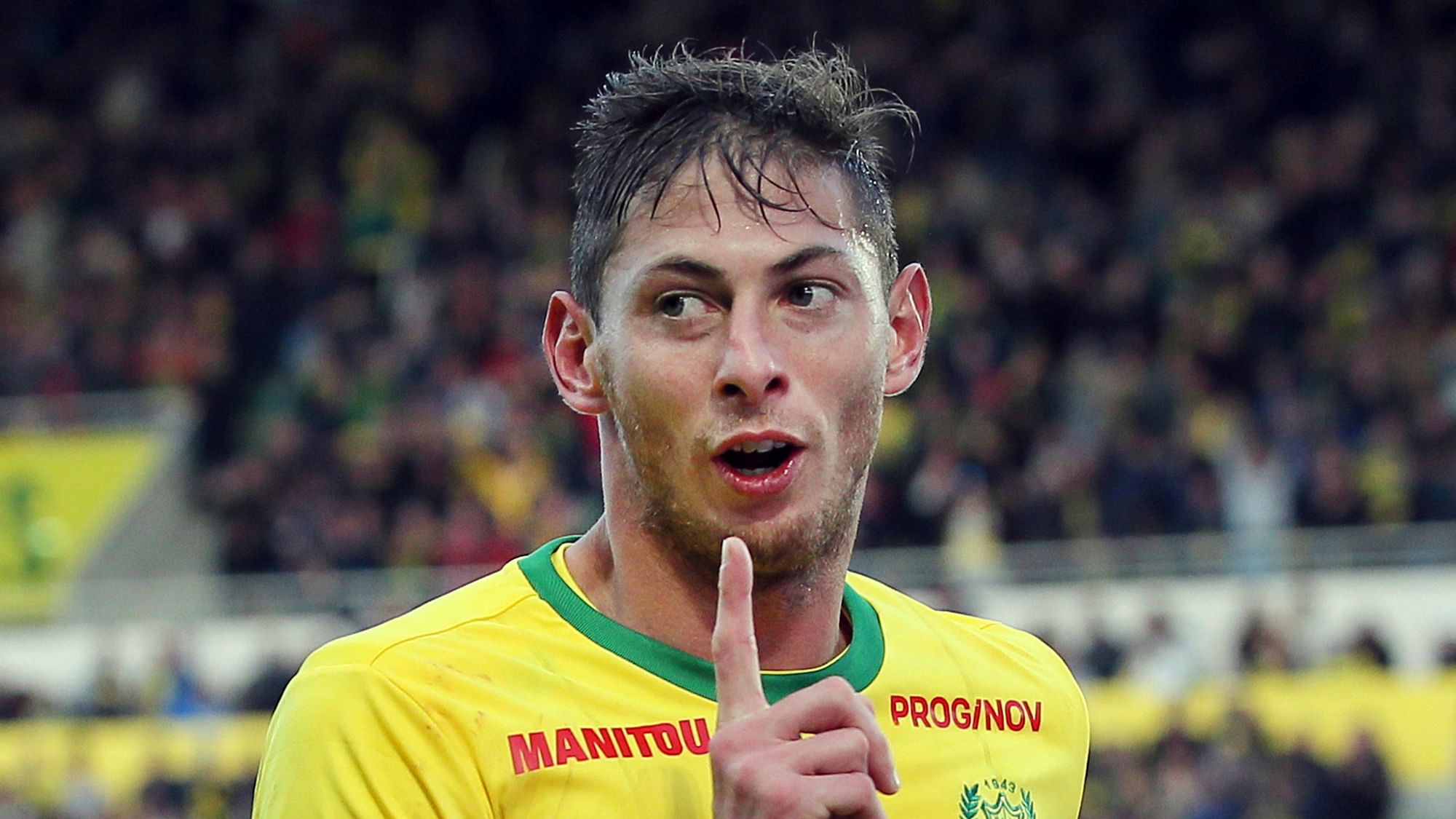 In this his file photo taken on Nov. 4, 2018, Argentine soccer player, Emiliano Sala, of the FC Nantes club, western France, reacts after scoring during a soccer match against Guingam, in Nantes, France.&nbsp;