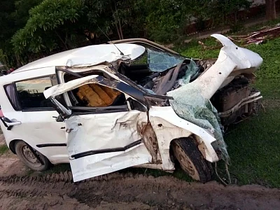 Rae Bareli: The wreckage of the car in which the Unnao rape survivor and her relatives in Rae Bareli on July 28, 2019. On Sunday, the rape victim, who had accused BJP MLA Kuldeep Sengar of raping her in 2017, was travelling to Rae Bareli with her lawyer Mahendra Singh and two relatives when a truck hit them. Both the rape victim and the lawyer have been on life support since the accident while the two other woman in the car, including one who was a witness to the crime, died. (Photo: IANS)