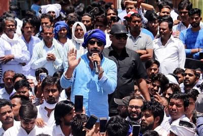 Jaipur: Bhim Army chief Chandrashekhar Azad Ravan addresses during a demonstration against Alwar gang rape, in Jaipur on May 10, 2019. (Photo: Ravi Shankar Vyas/IANS)