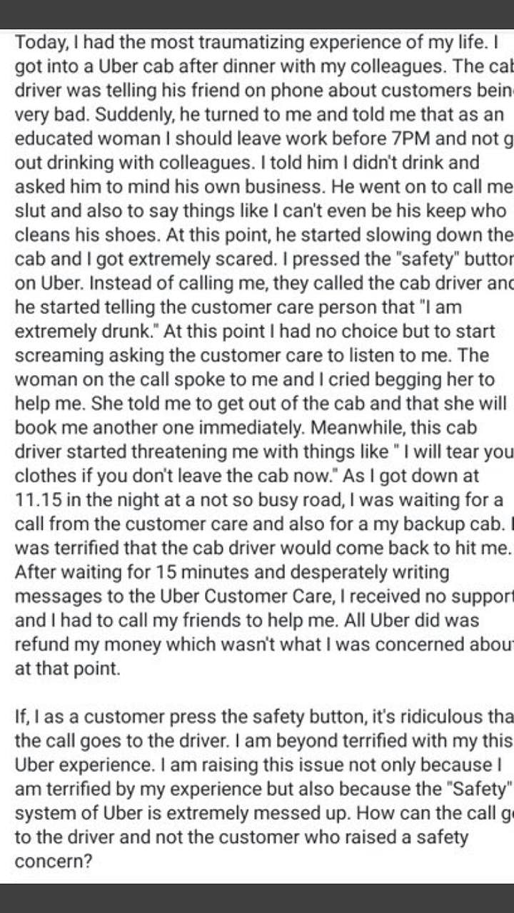 The woman complained about Uber’s safety measures after a press of the ‘safety’ button did nothing to help her.