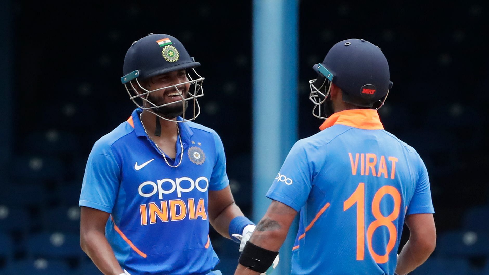India’s batting partner captain Virat Kohli, right, and Shreyas Iyer, left knock bats during their second One-Day International.