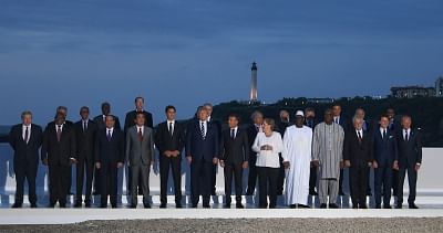 Biarritz: Prime Minister Narendra Modi in a group photograph with the leaders of G7 Nations - American President Donald Trump, UK Prime Minister Boris Johnson, French President Emmanuel Macron, Canadian Prime Minister Justin Trudeau, Japanese Prime Minister Shinzo Abe, German Chancellor Angela Merkel and Italian Prime Minister Giuseppe Conte at the G7 Summit in Biarritz, France on Aug 25, 2019. (Photo: IANS/PIB)
