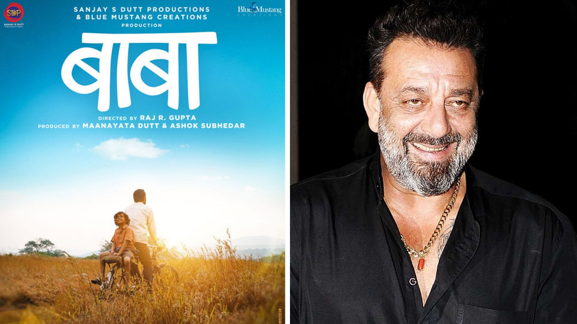 A poster for <i>Baba</i> (L), Sanjay Dutt (R).