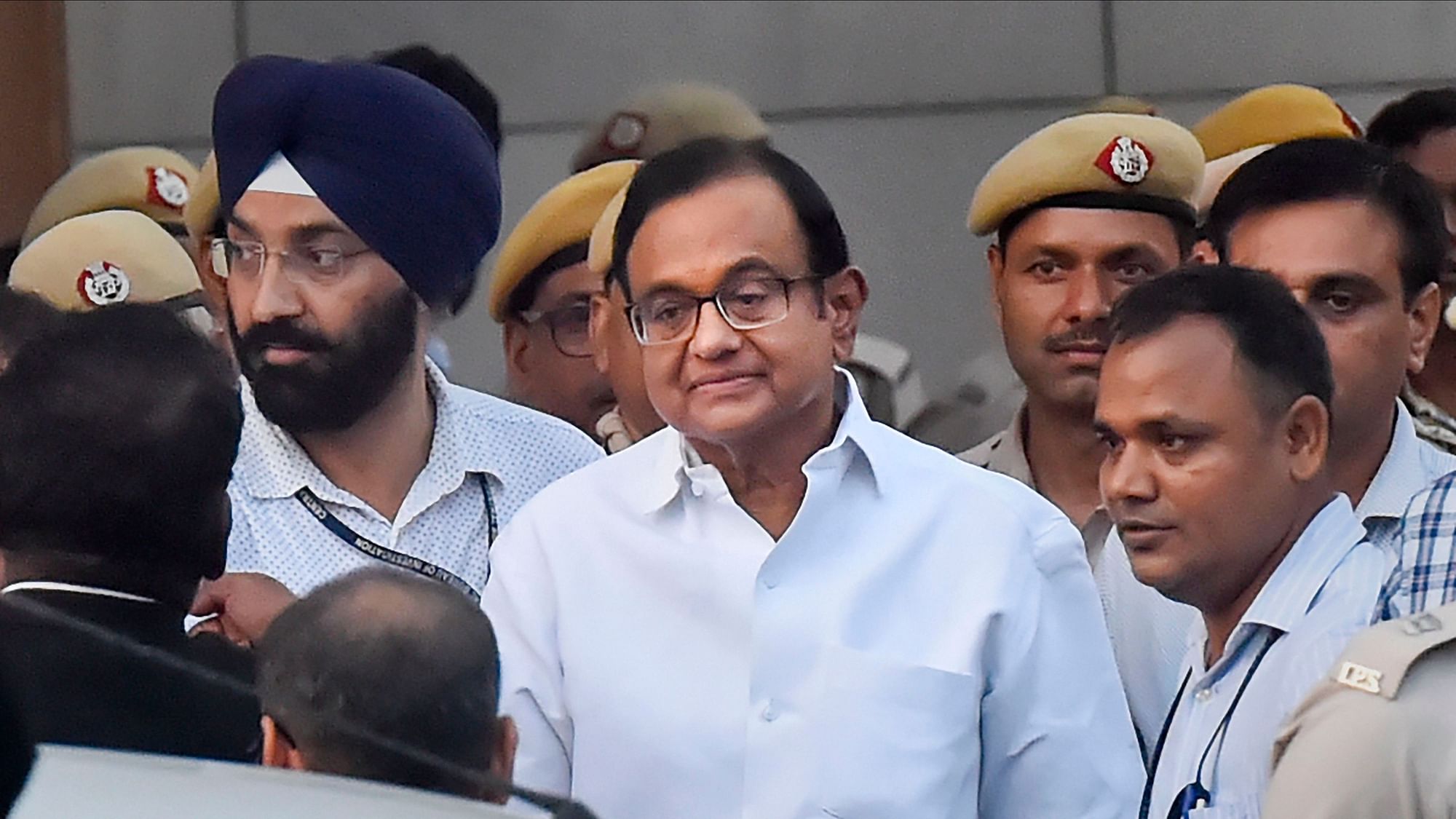 Senior Congress leader and former finance minister P Chidambaram after being produced in a CBI court in New Delhi on  22 Aug 2019.&nbsp;
