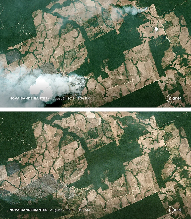 Planet images showing Nova Bandeirantes in Mato Grosso before and after a fire on Aug. 21, 2019.