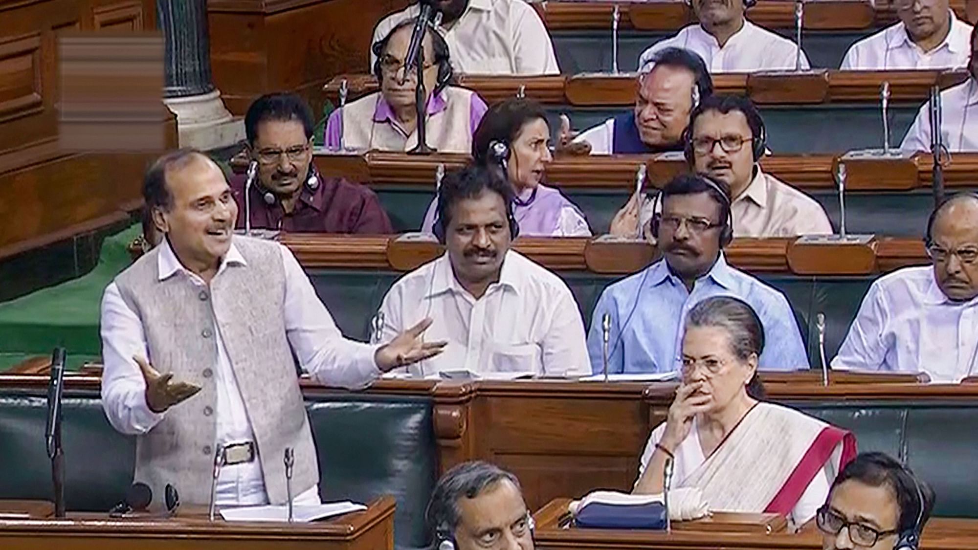 Congress MP Adhir Ranjan Chowdhury speaks in the Lok Sabha during the ongoing Session of Parliament in New Delhi on 6 August.&nbsp;
