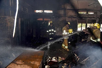 Chennai: Firefighting operations underway at the Harbour Telephone Exchange of the Bharat Sanchar Nigam Ltd (BSNL) where a fire broke out affecting mobile, landline and broadband connectivity in the area, in Chennai on Aug 1, 2019. (Photo: IANS)