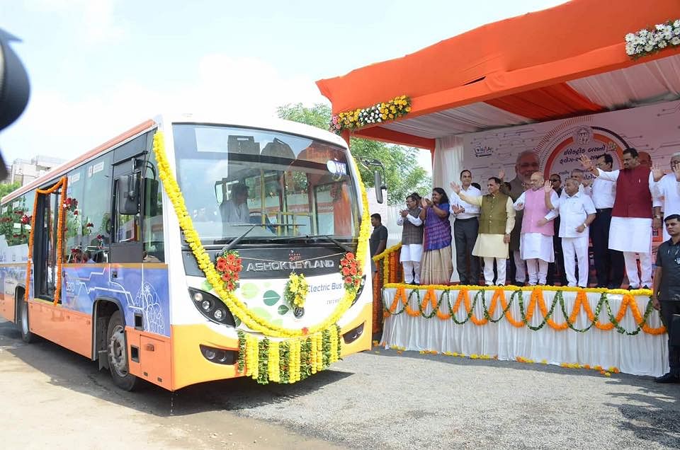 Amit Shah launches Ahmedabad Municipal Corporation’s new fleet of electric buses on Thursday, 29 August