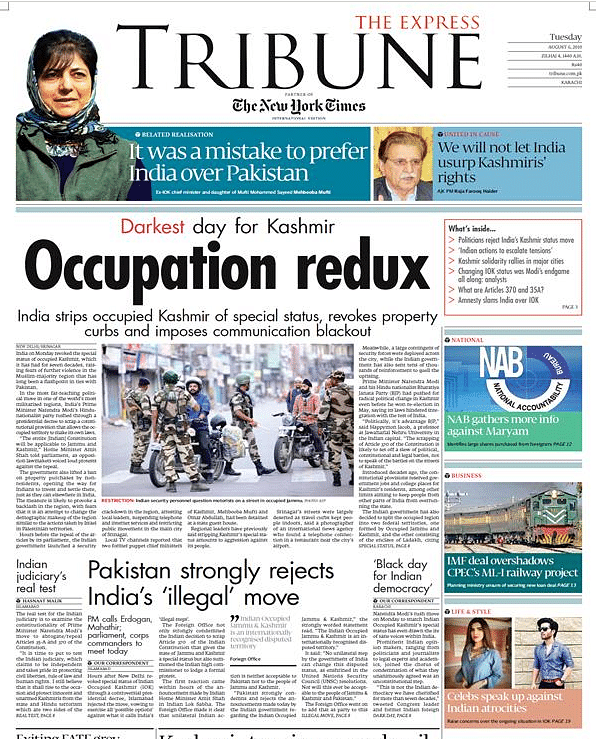 The Tribune stated that India has stripped ‘Occupied Kashmir’ of its special status and revoked property curbs.