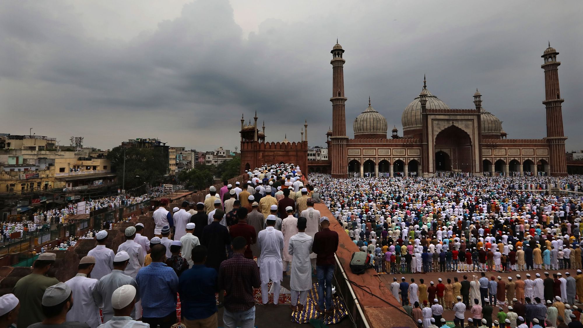 Muslims offer Eid al-Adha prayers at Jama Masjid in New Delhi on Monday.