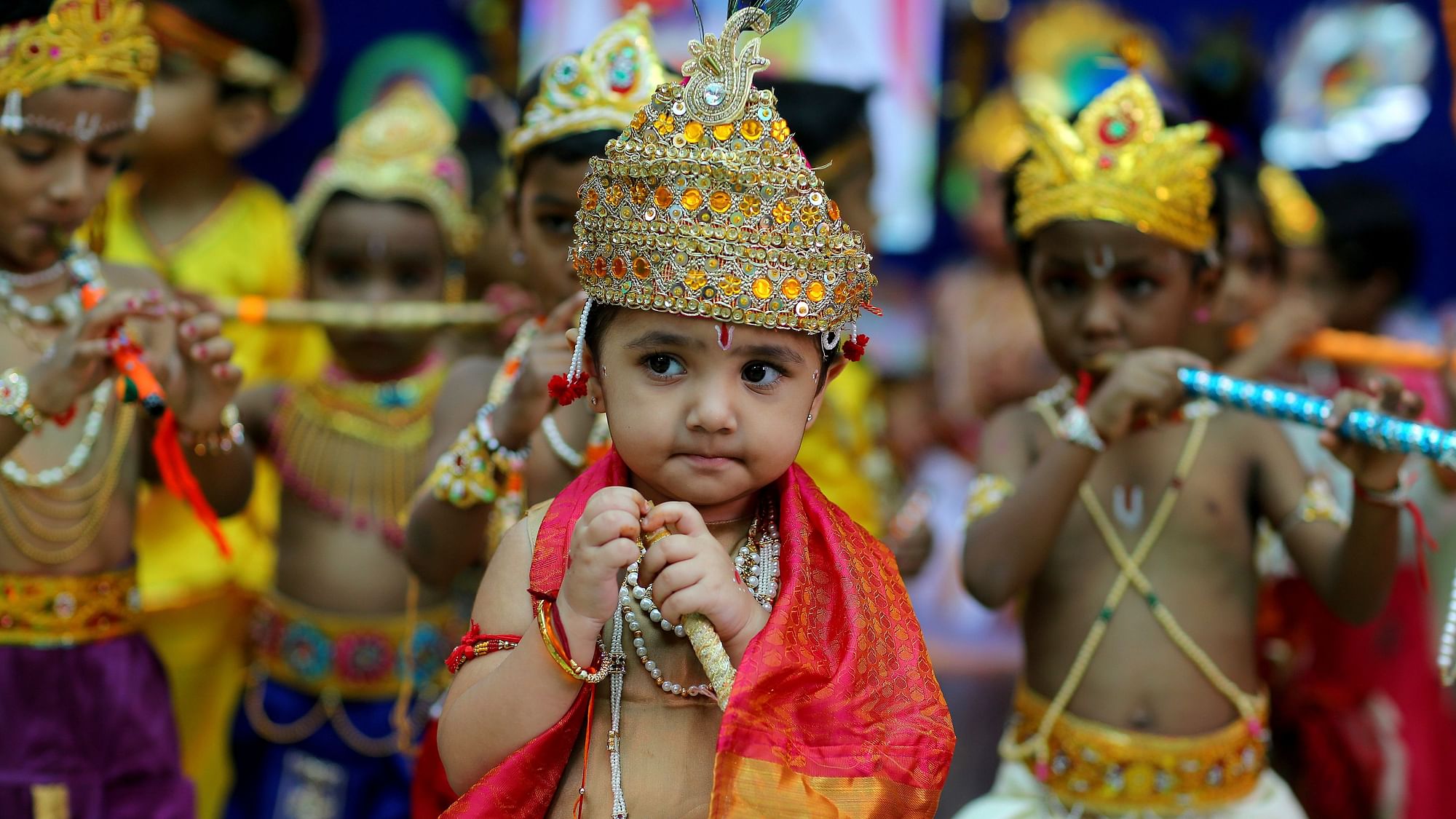 School children dressed up as Lord Krishna on the eve of the festival Janmashtami&nbsp;in Hyderabad on Friday, 23 August.