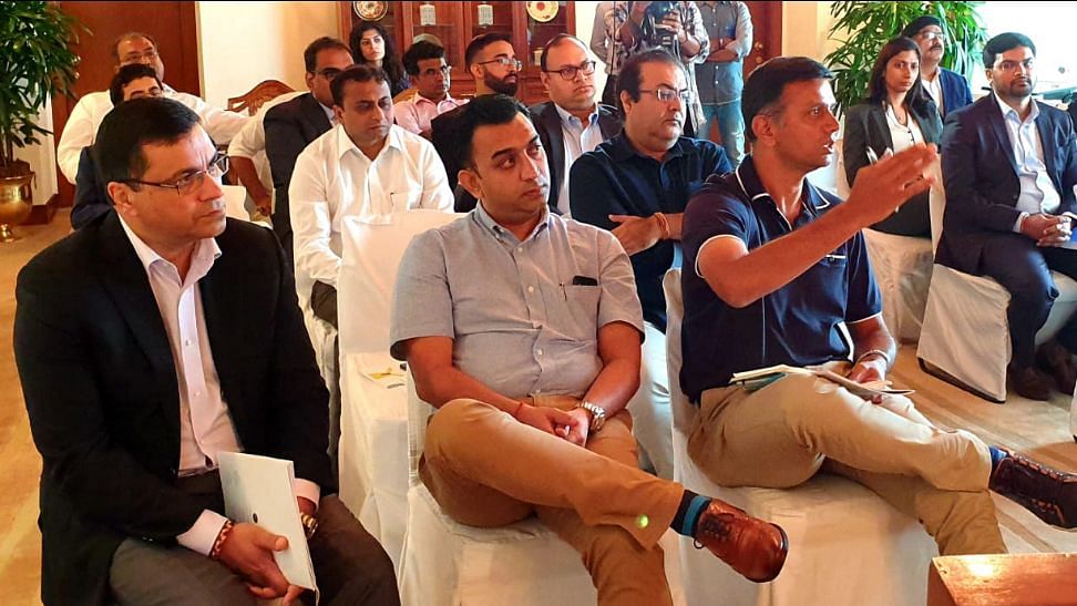 BCCI CEO Rahul Johri and NCA Head Rahul Dravid during the lecture by Dr Simon Longstaff.